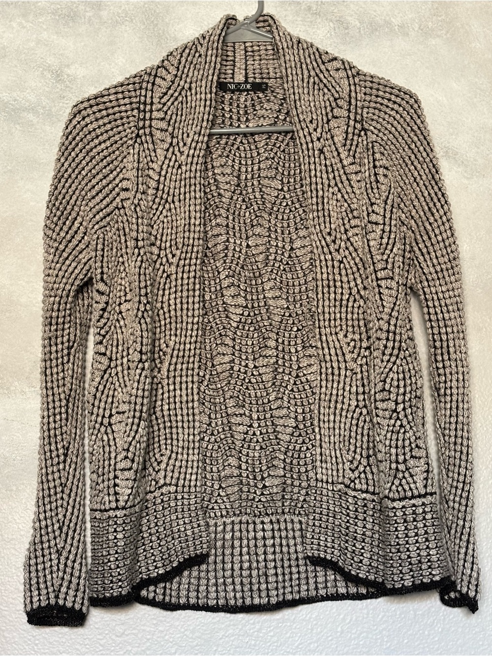 NIC+ZOE Long Sleeve Chunky Cable-Knit Open Cardigan Taupe & Black Small Soft